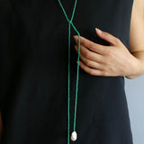 Serenity in Green: Extra-Long Green Agate Double Baroque Pearl Necklace - floysun