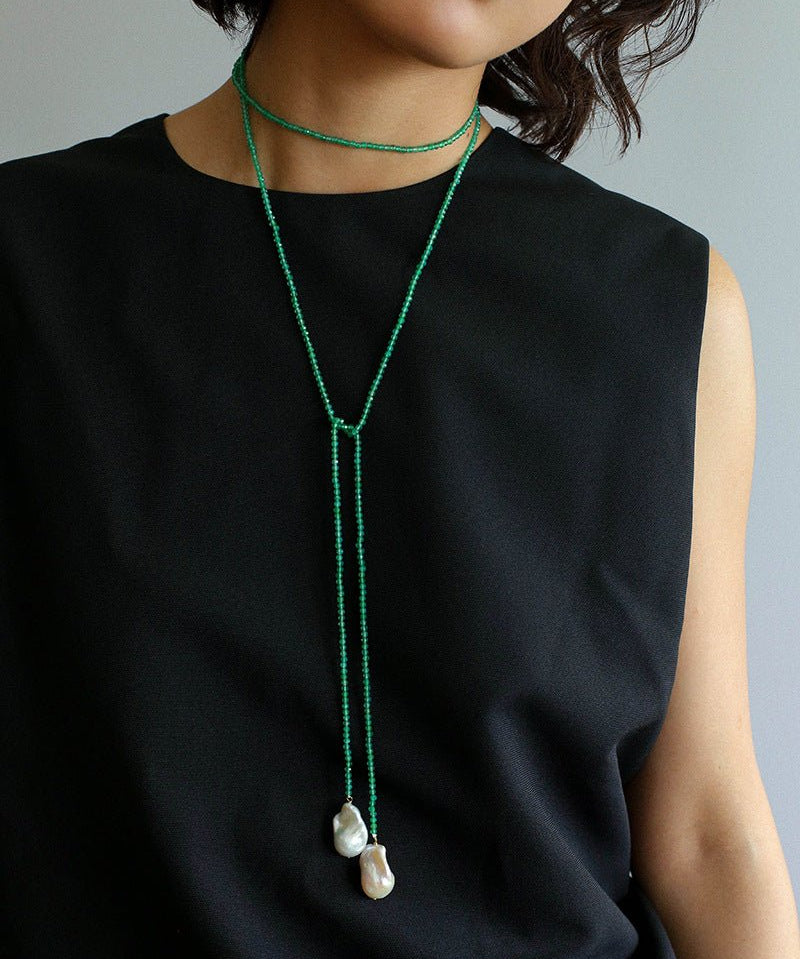 Serenity in Green: Extra-Long Green Agate Double Baroque Pearl Necklace - floysun