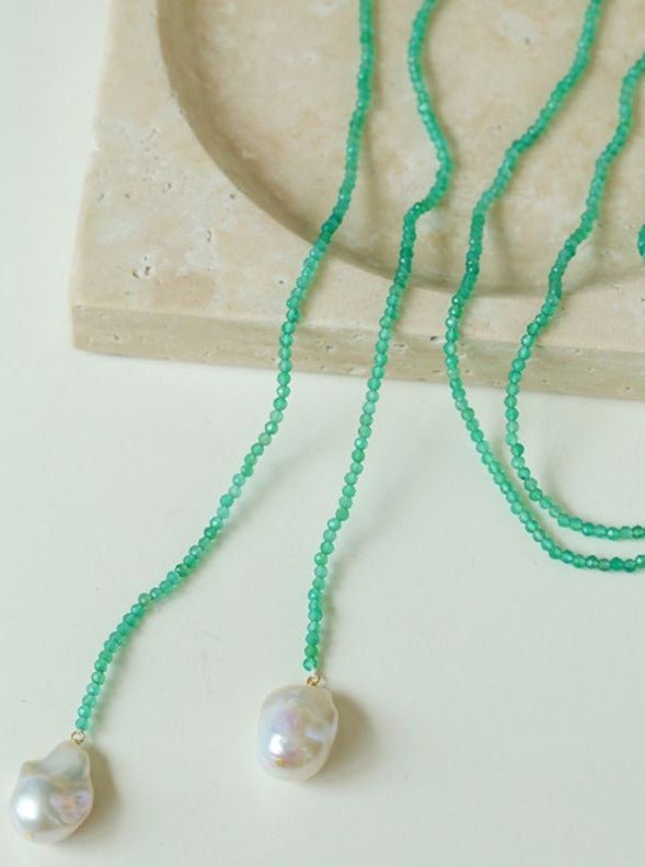 Serenity in Green: Extra-Long Green Agate Double Baroque Pearl Necklace - floysun