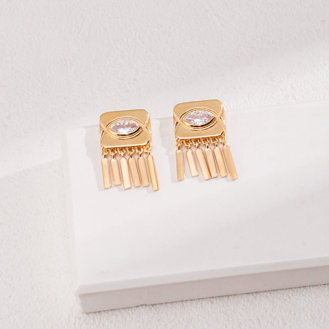 Square Eyes Diamond Tassel Studs Earrings - floysun