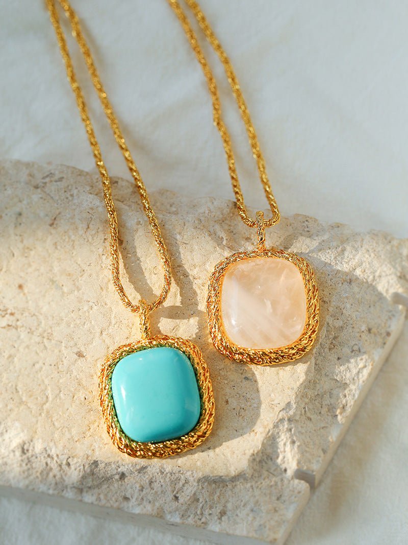 Square Pink Crystal Turquoise Necklace Pendant - floysun