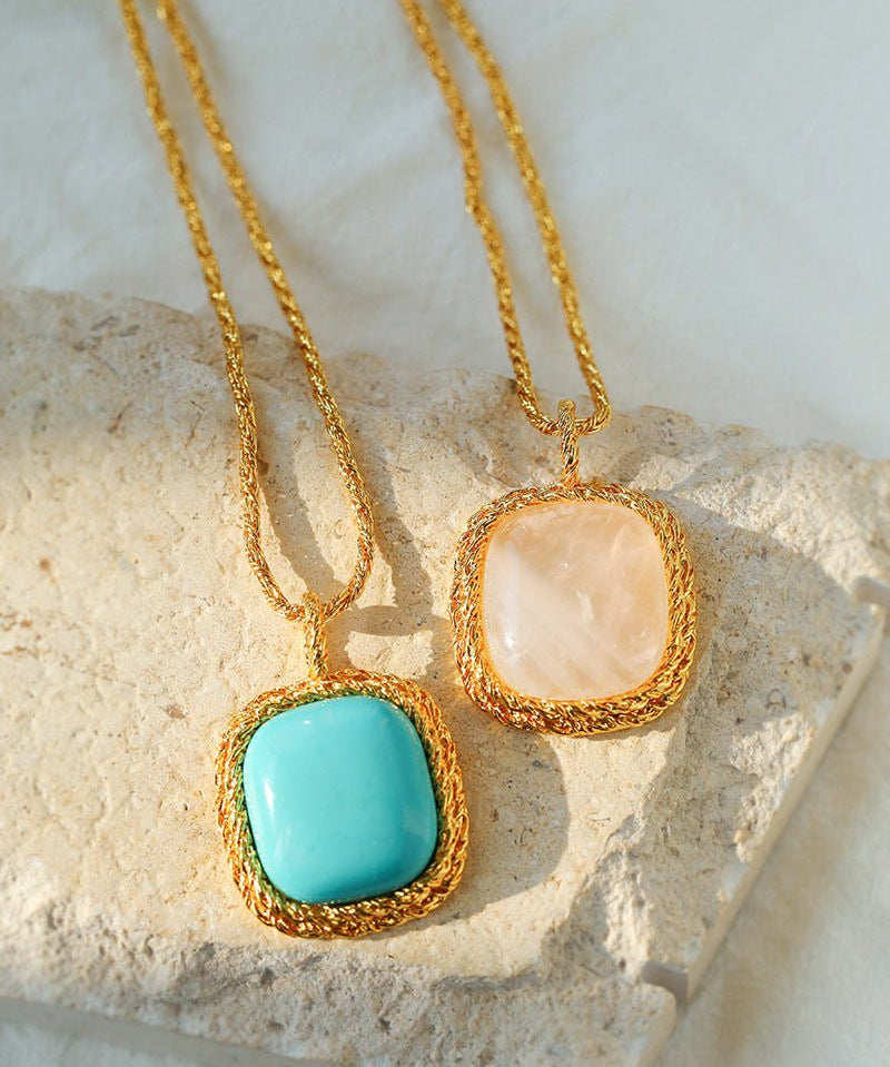 Square Pink Crystal Turquoise Necklace Pendant - floysun