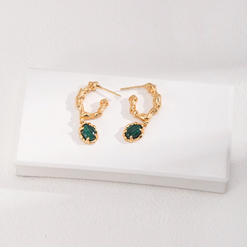 Sterling Silver C-shaped Malachite Earrings Gold - floysun