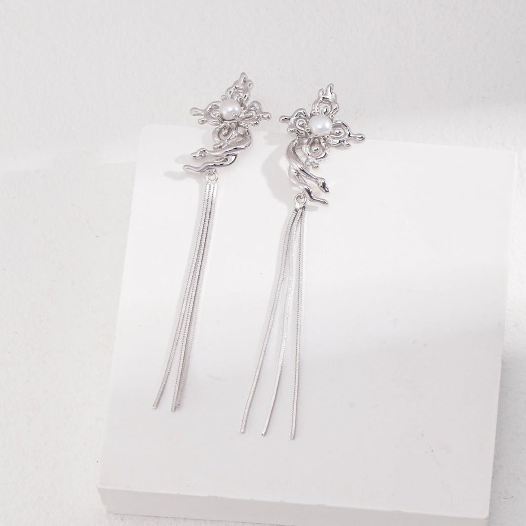 Sterling Silver Hollow Butterfly Pearl Drop Earrings - floysun