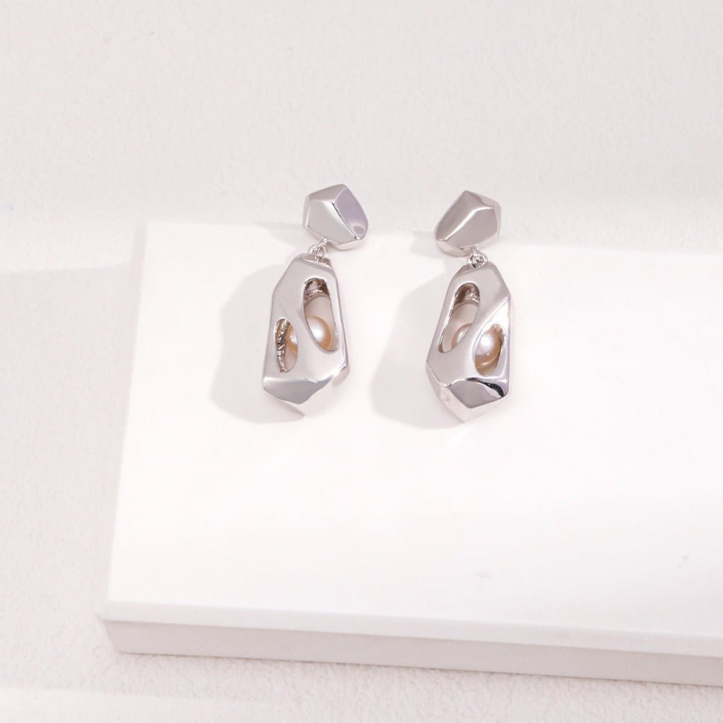 Sterling Silver Openwork Pearl Earrings - floysun