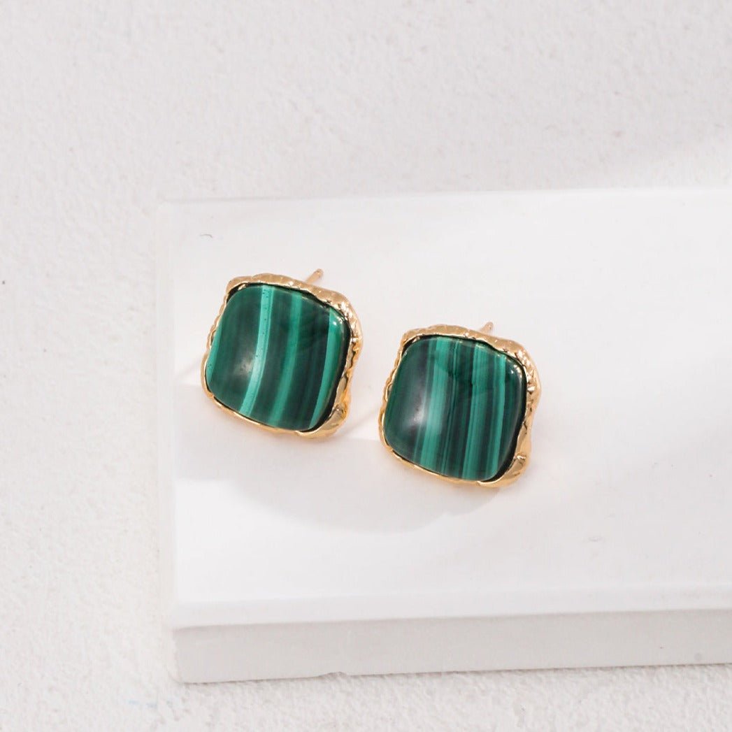 Sterling Silver Square Malachite Stone Earrings - floysun