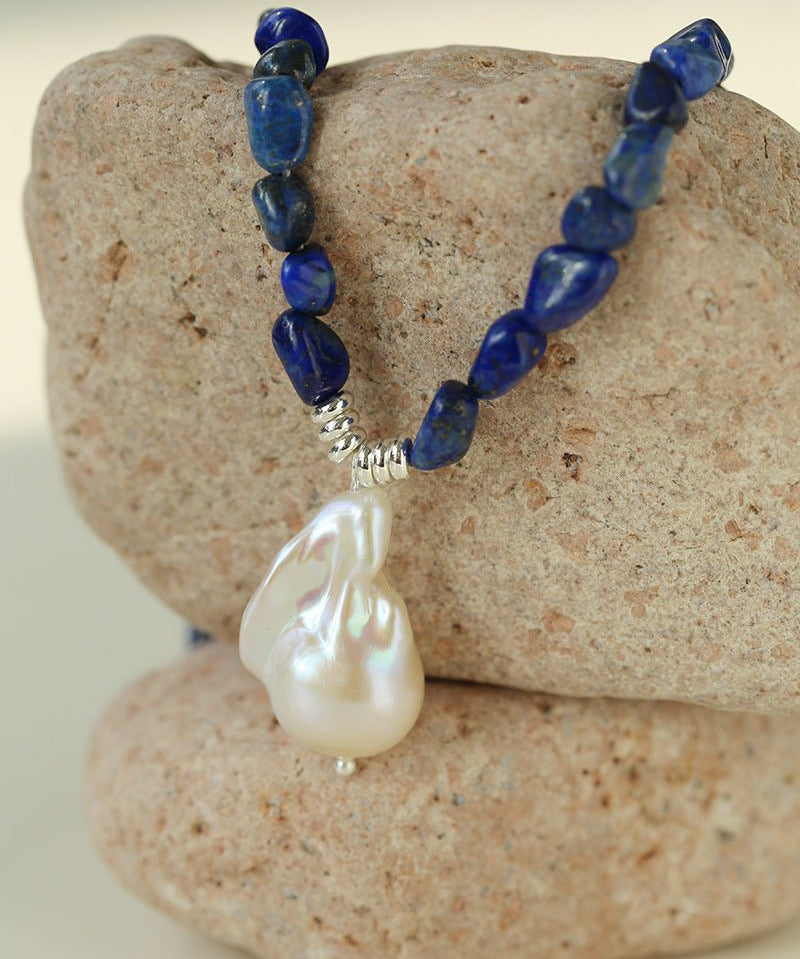 Stunning Lapis Lazuli Baroque Pearl Pendant Necklace - floysun