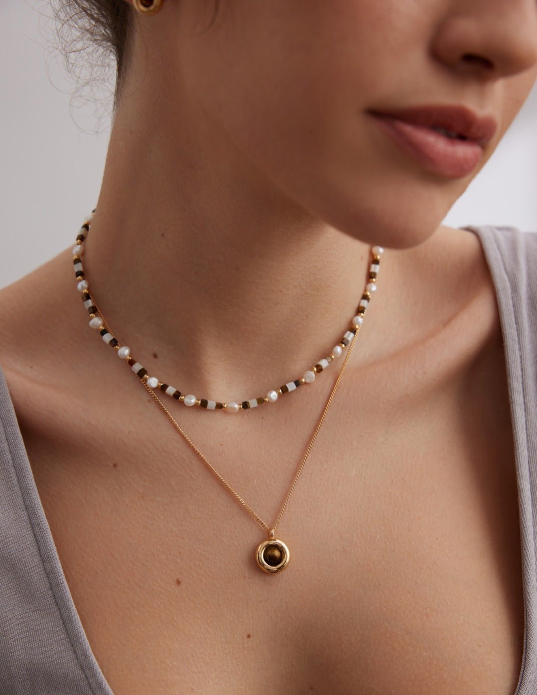 Vintage Gold Tiger Eye Stone Spliced Pearl Necklaces - floysun