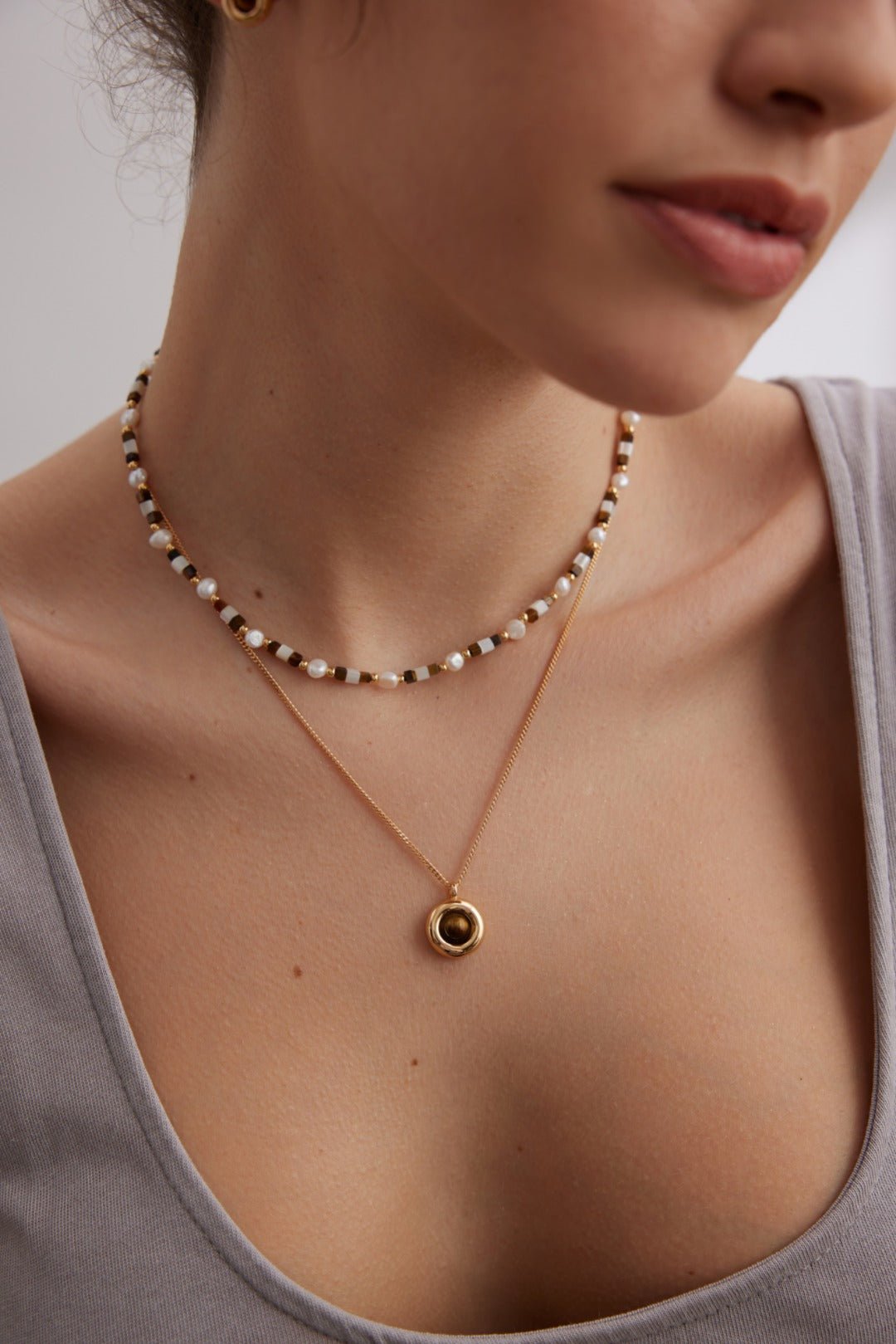 Vintage Gold Tiger Eye Stone Spliced Pearl Necklaces - floysun