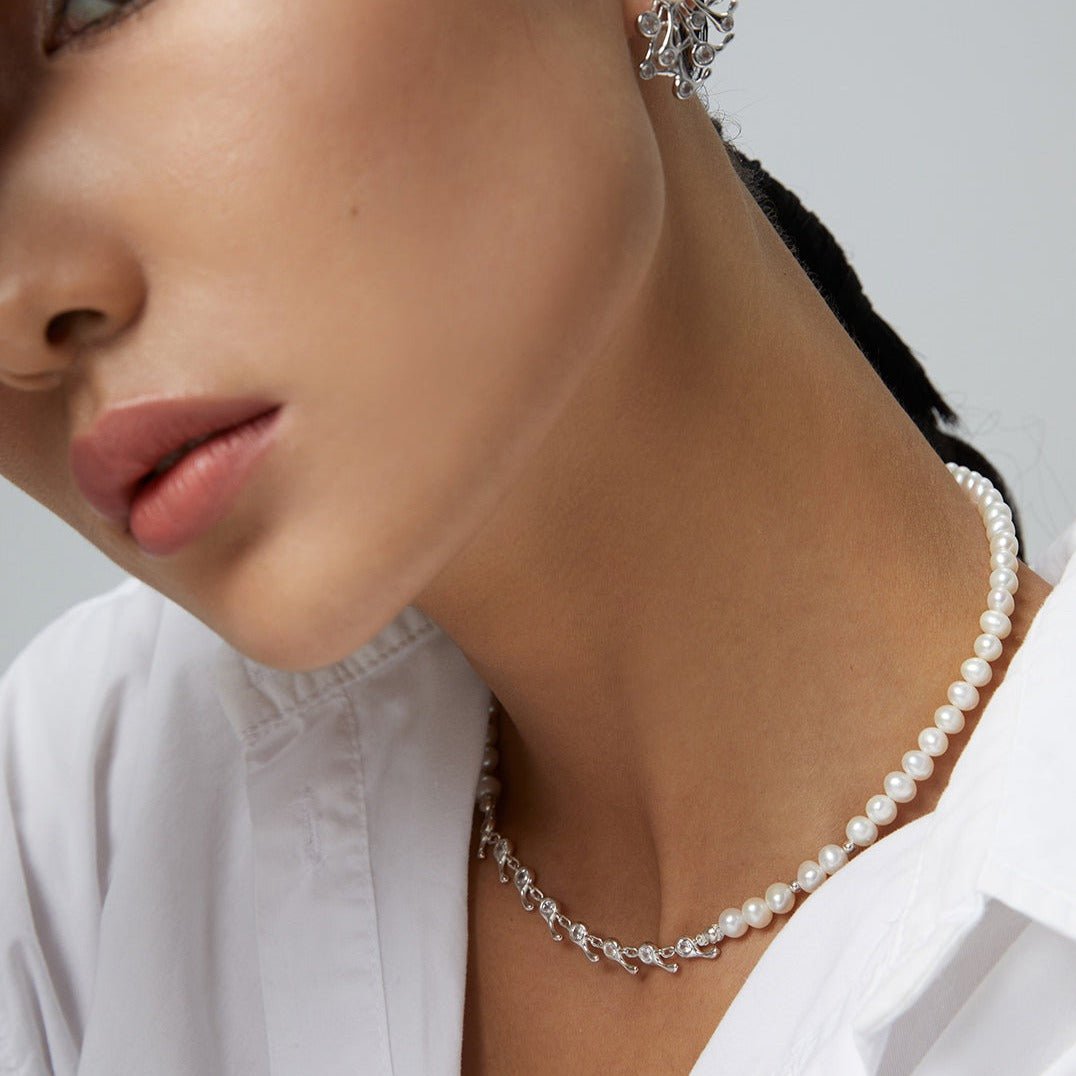Zircon Chain Splice Natural Pearl Necklace - floysun